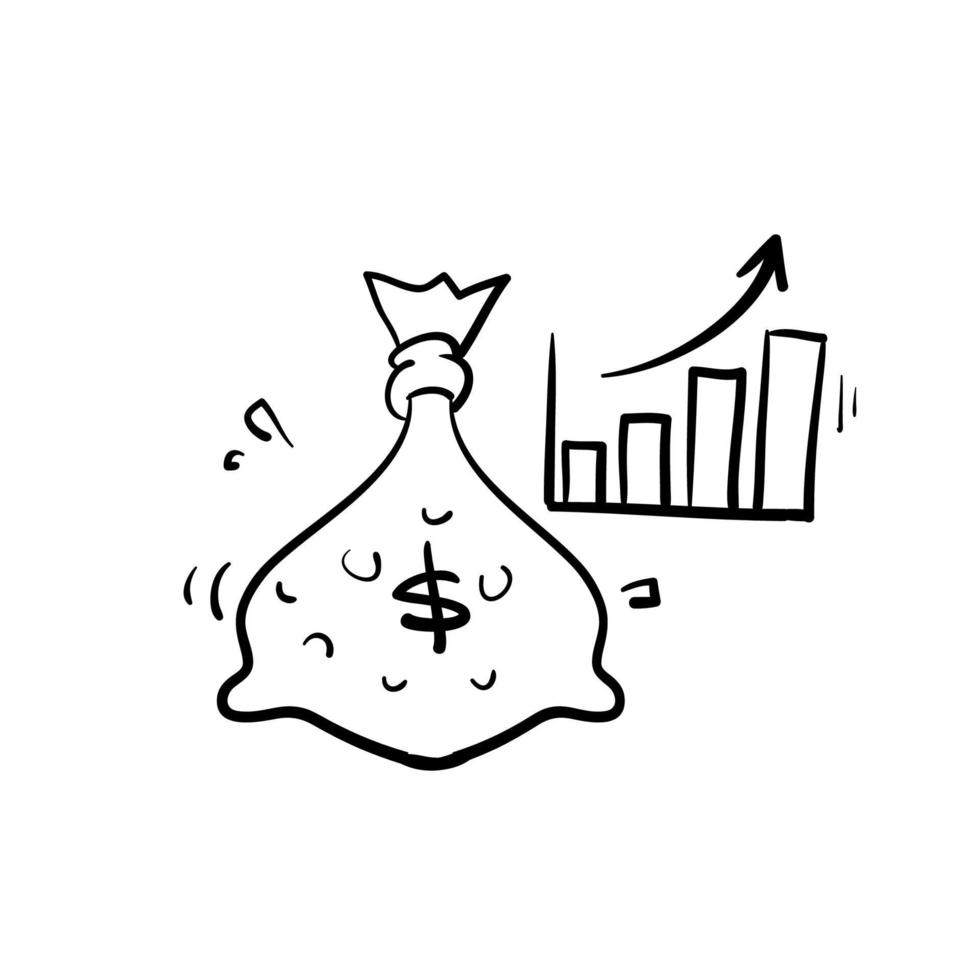 bolsa de dinero de garabato dibujada a mano y símbolo gráfico para icono de análisis financiero vector