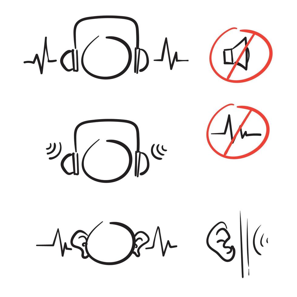 hand drawn doodle ear and headphone with sound wave block illustration vector isolated icon