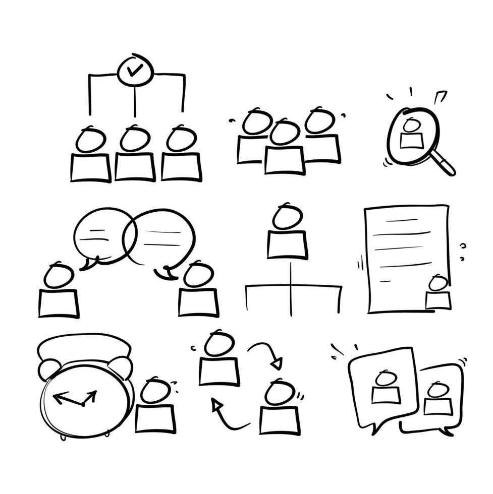 conjunto de iconos de línea relacionados con recursos humanos de fideos dibujados a mano. contratación, gestión de oficinas y estructura de la empresa en vector de estilo doodle