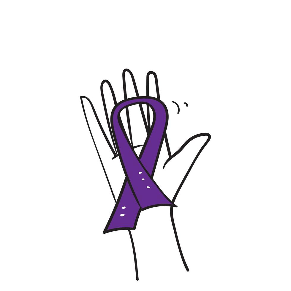 dibujado a mano garabato mano sosteniendo el símbolo de la cinta para el icono de ilustración del día mundial contra el cáncer aislado vector