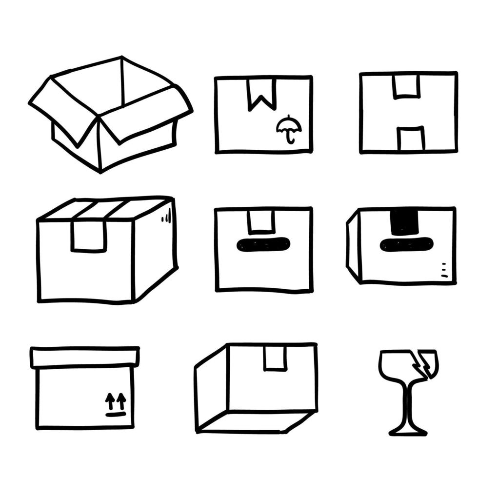 hand drawn shipping box icon illustration set in doodle vector