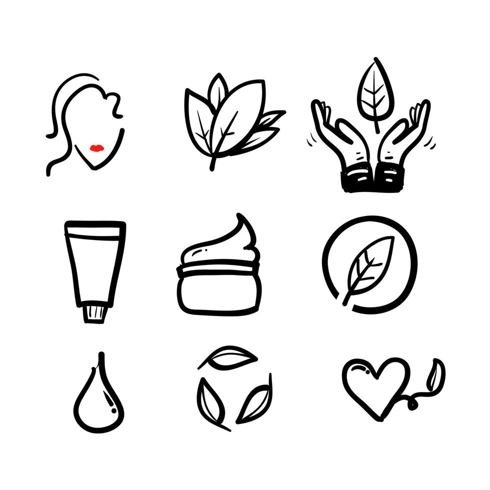 hand drawn doodle Natural and organic cosmetics illustration icons set isolated vector