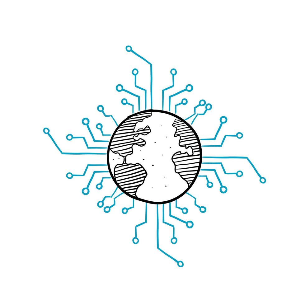 hand drawn doodle global cyber technology illustration icon vector