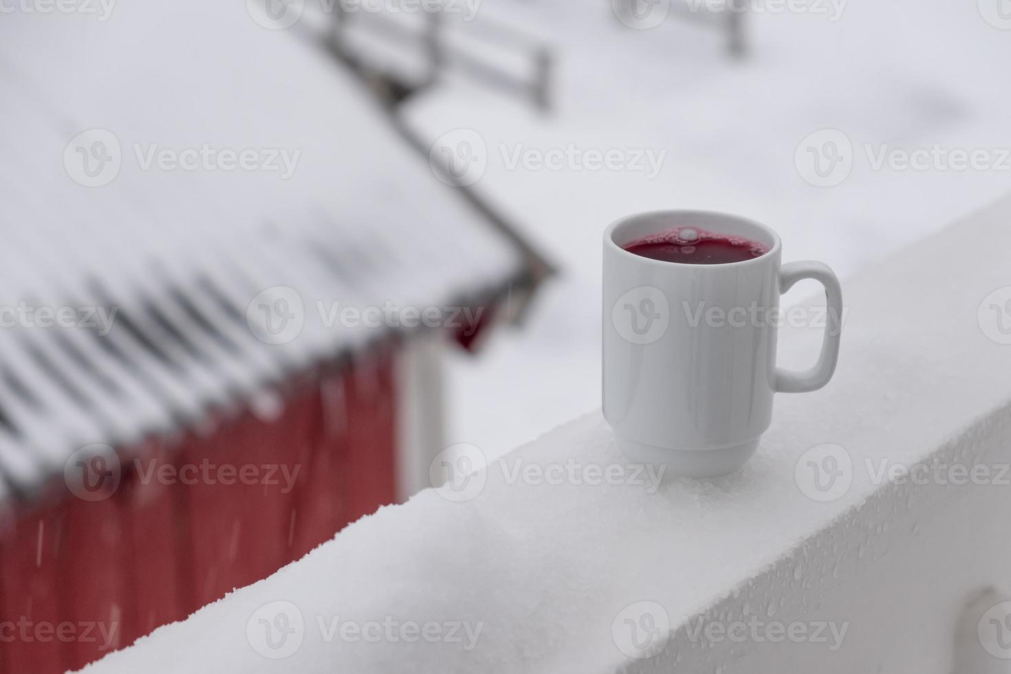 Cranberry juice in white ceramic glass on terrace photo