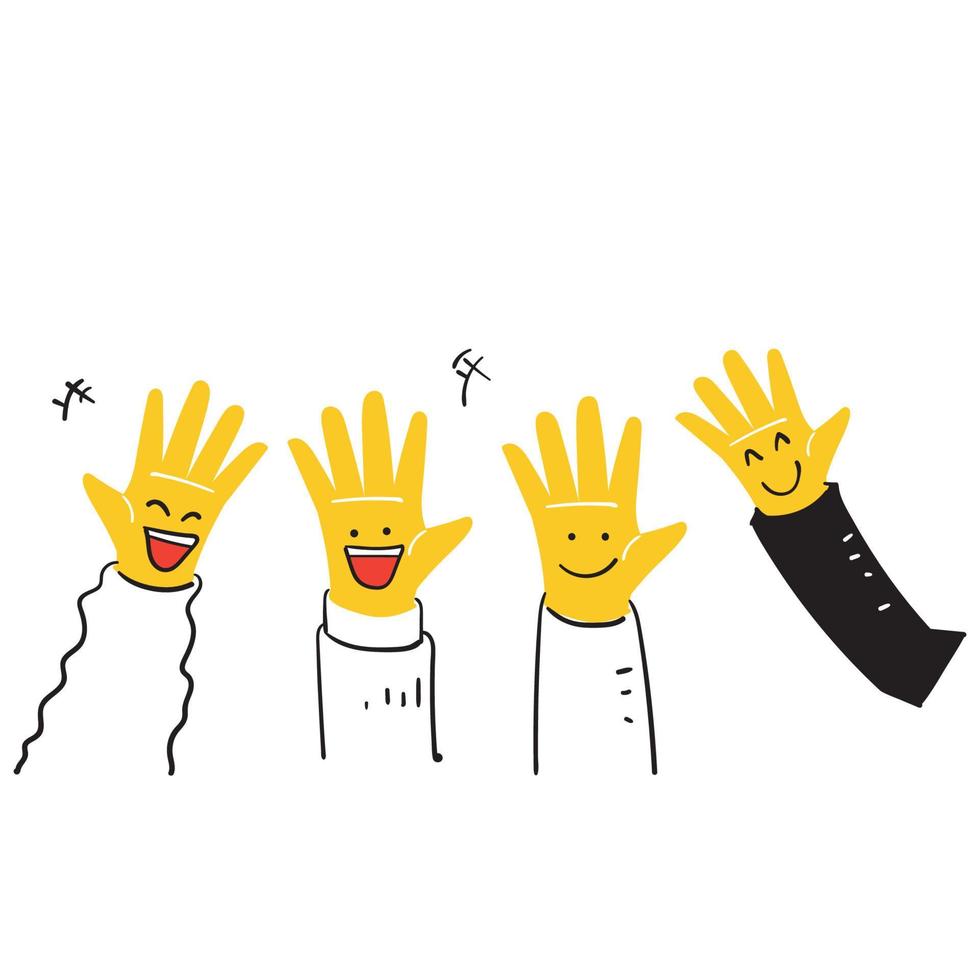 hand drawn doodle raised audience hand with smile face in the palm illustration vector