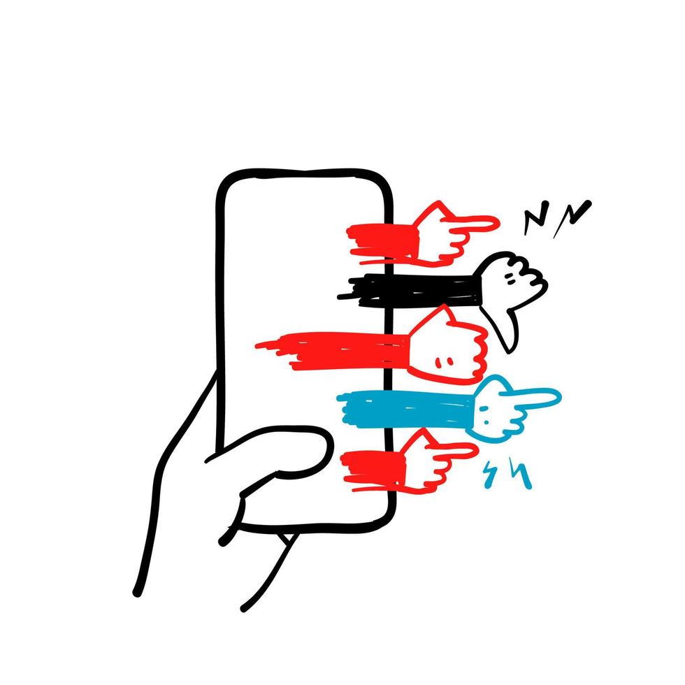 dibujado a mano garabato teléfono móvil y símbolo de gesto de mano para icono de ilustración de acoso cibernético aislado vector