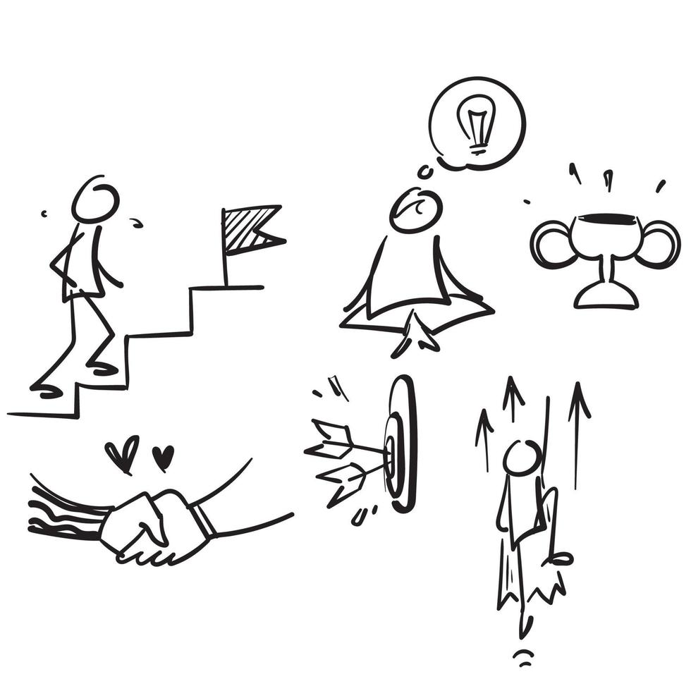 dibujado a mano doodle personas alcanzando el icono de ilustración de éxito de meta vector