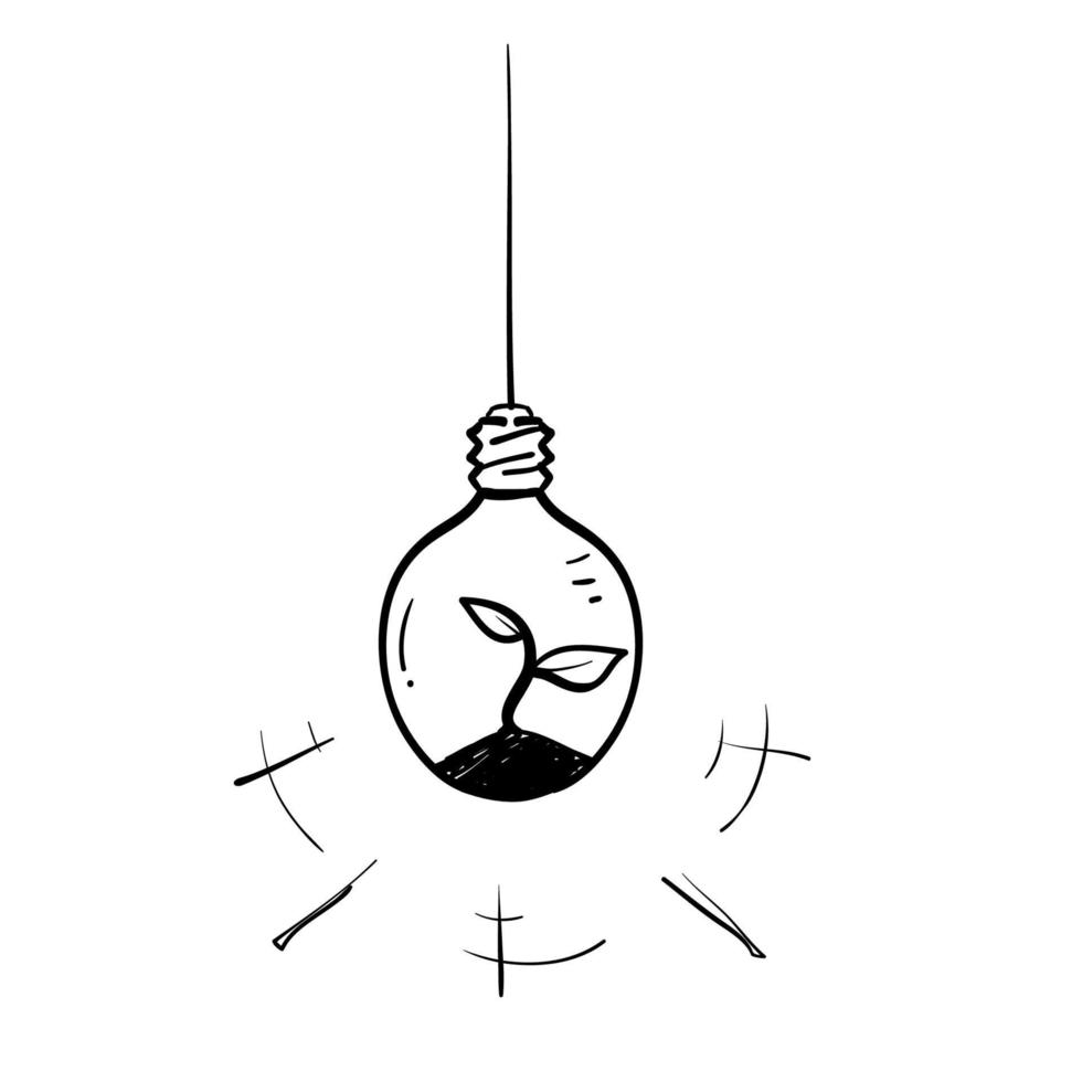 hand drawn doodle light bulb with plant inside symbol for ecological energy illustration icon vector