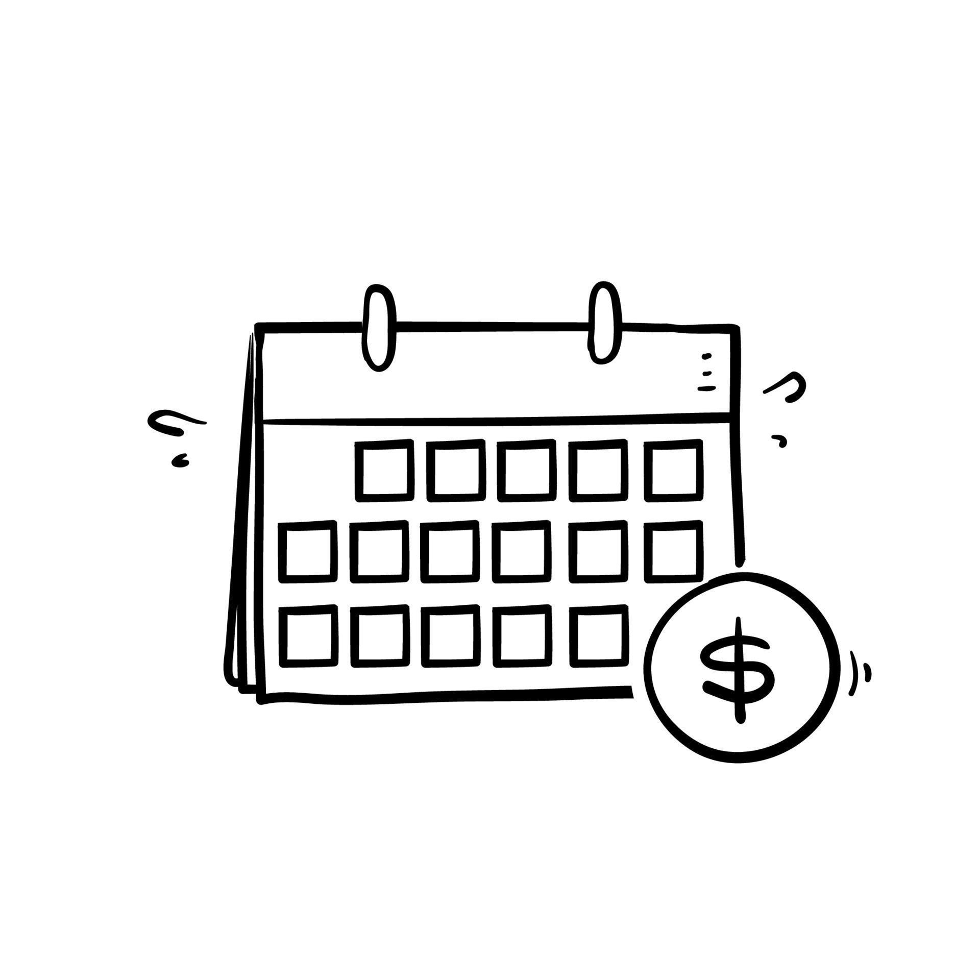 calendario de garabatos dibujado a mano y símbolo de dinero para el icono de ilustración de análisis financiero aislado vector