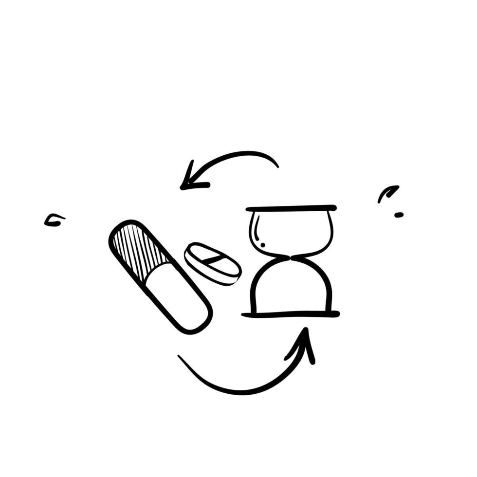hand drawn doodle medicine and clock with circular arrow symbol for medicine time illustration vector isolated
