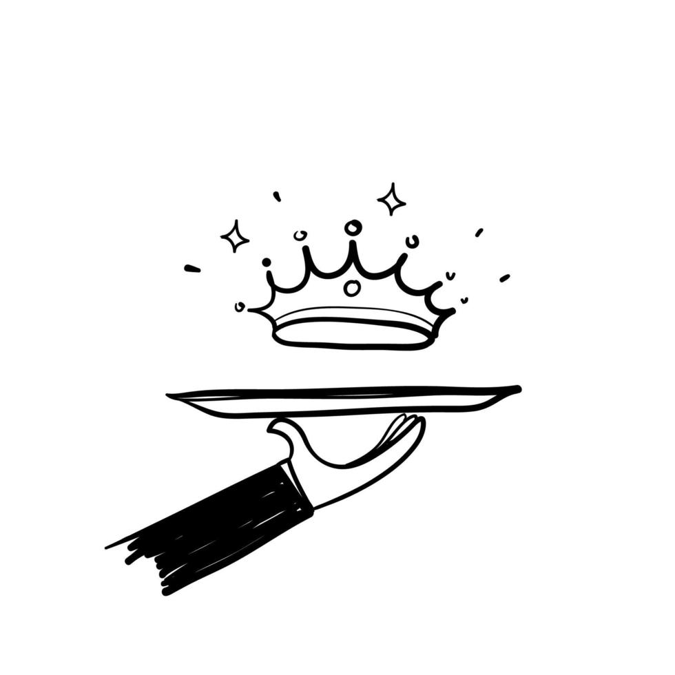 hand drawn doodle serving crown on tray symbol for exclusive service icon illustration vector