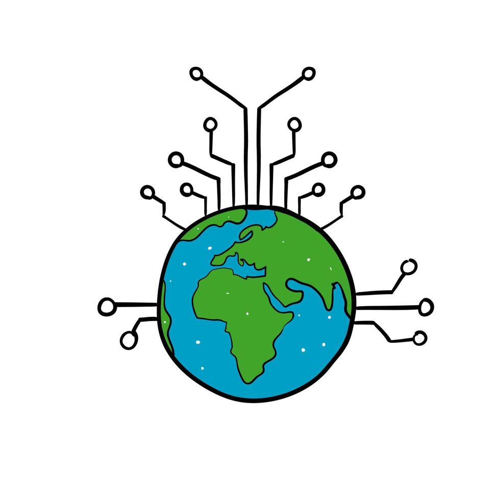 icono de ilustración de tecnología cibernética global de doodle dibujado a mano vector