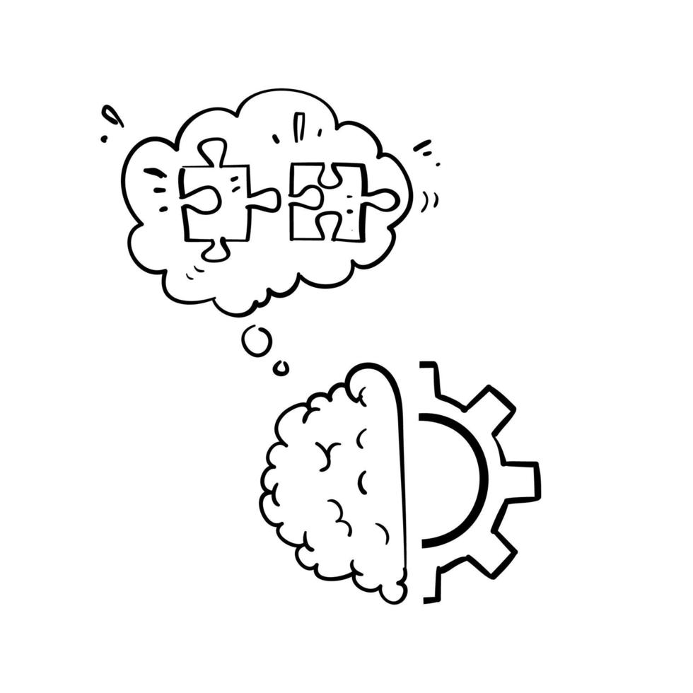 hand drawn doodle brain gear and puzzle symbol for solving problem illustration vector