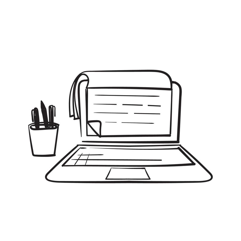 libro de papel de garabato dibujado a mano en el símbolo de la computadora portátil para la ilustración del icono en línea de educación vector