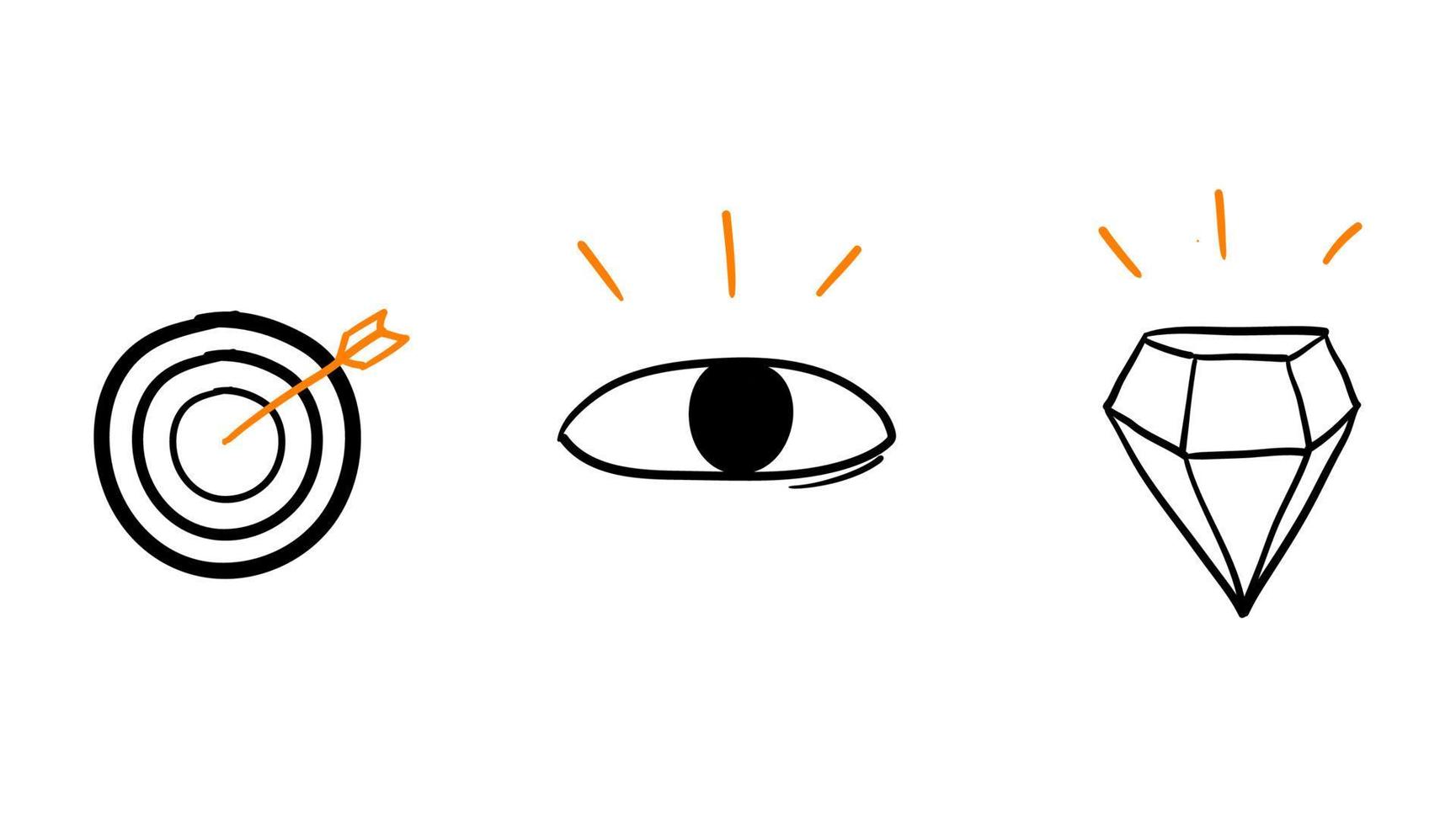 flecha, ojos y símbolo de diamante para la misión. visión. valores. vector de doodle dibujado a mano de plantilla de página web