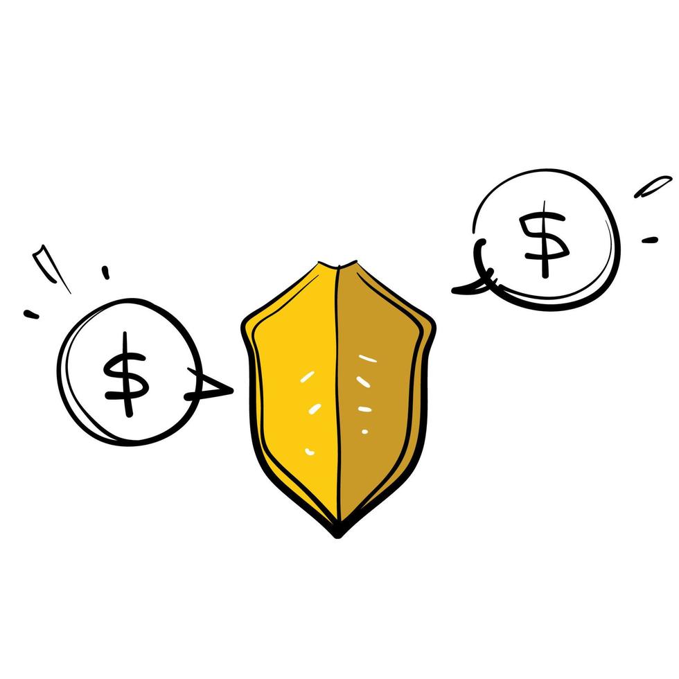 hand drawn doodle shield and money symbol for secure payment guaranteed illustration isolated vector