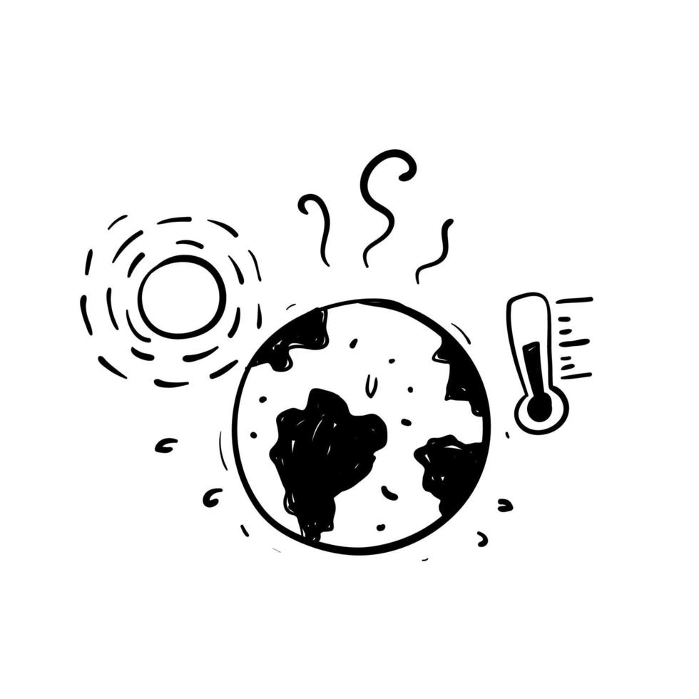tierra de fideos dibujada a mano y símbolo de termómetro para el vector de ilustración de calentamiento global aislado