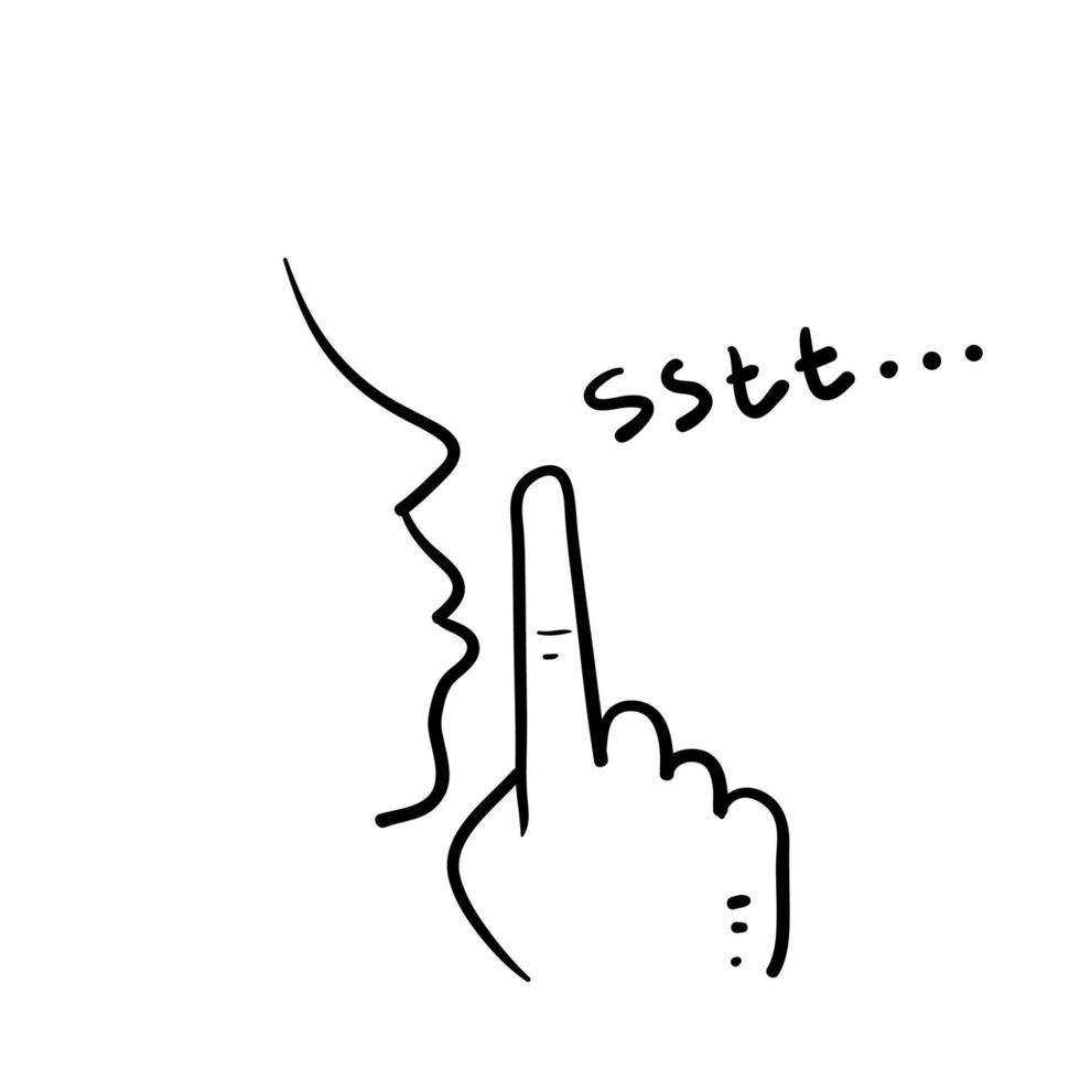 hand drawn doodle finger in mouth gesture symbol for silence illustration vector