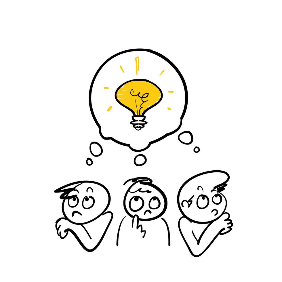 hand drawn doodle people and bulb symbol for team collaboration idea icon isolated vector