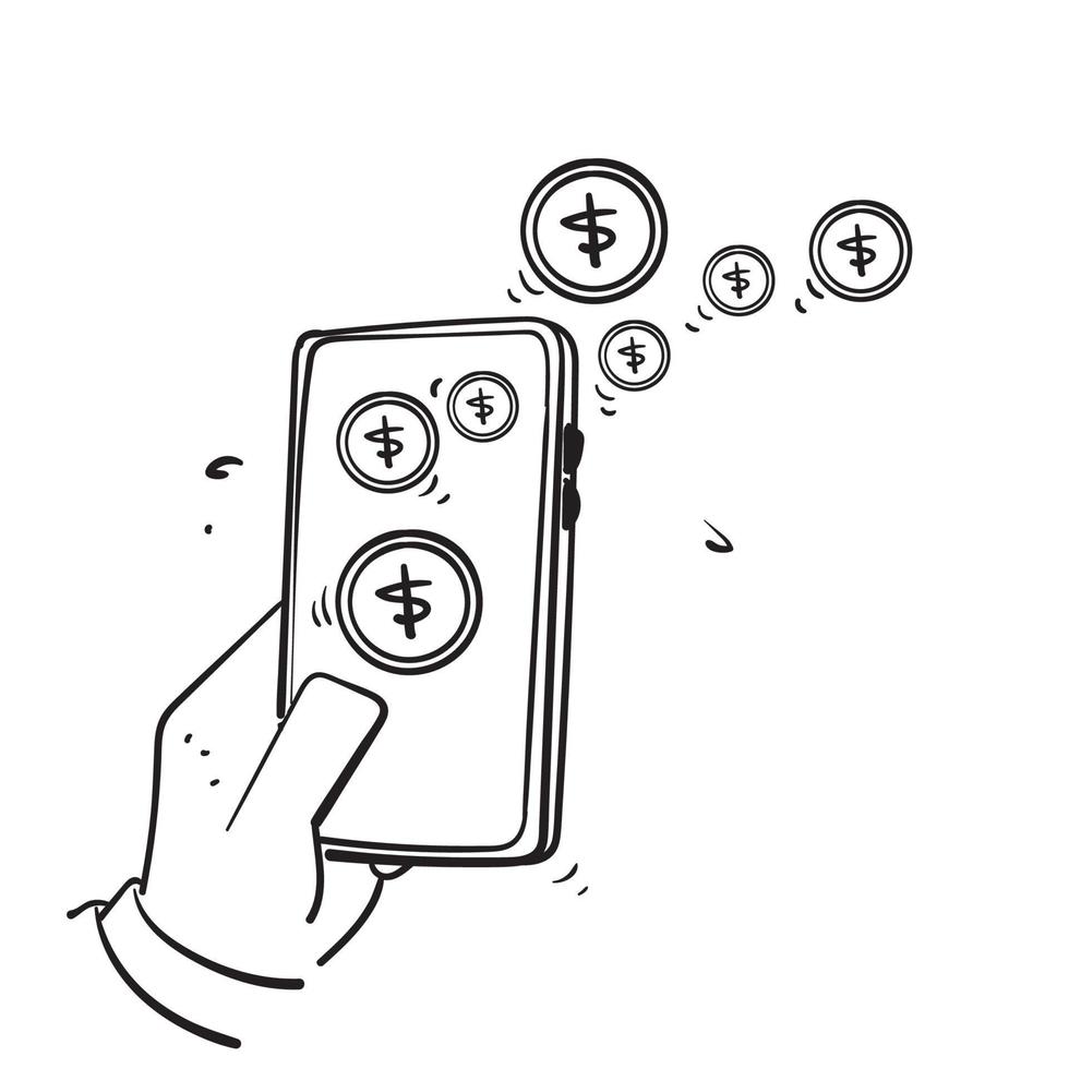 dibujado a mano doodle teléfono móvil e ilustración de dinero aislado vector