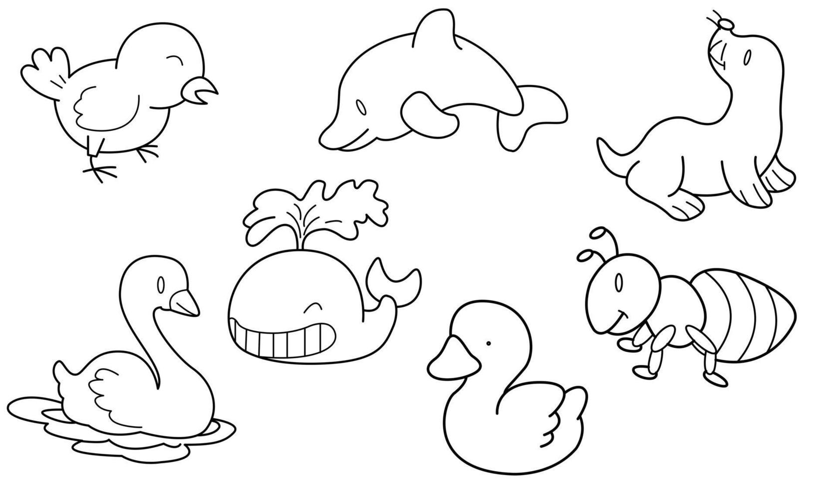 Cute design animal outline vector set 18 , bird whale dolphin duck ant seal swan