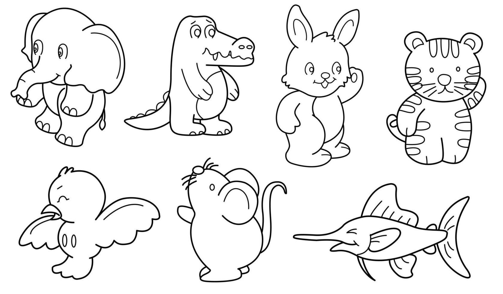 Cute design animal outline vector set 13 , elephant crocodile bird rat rabbit tiger sailfish