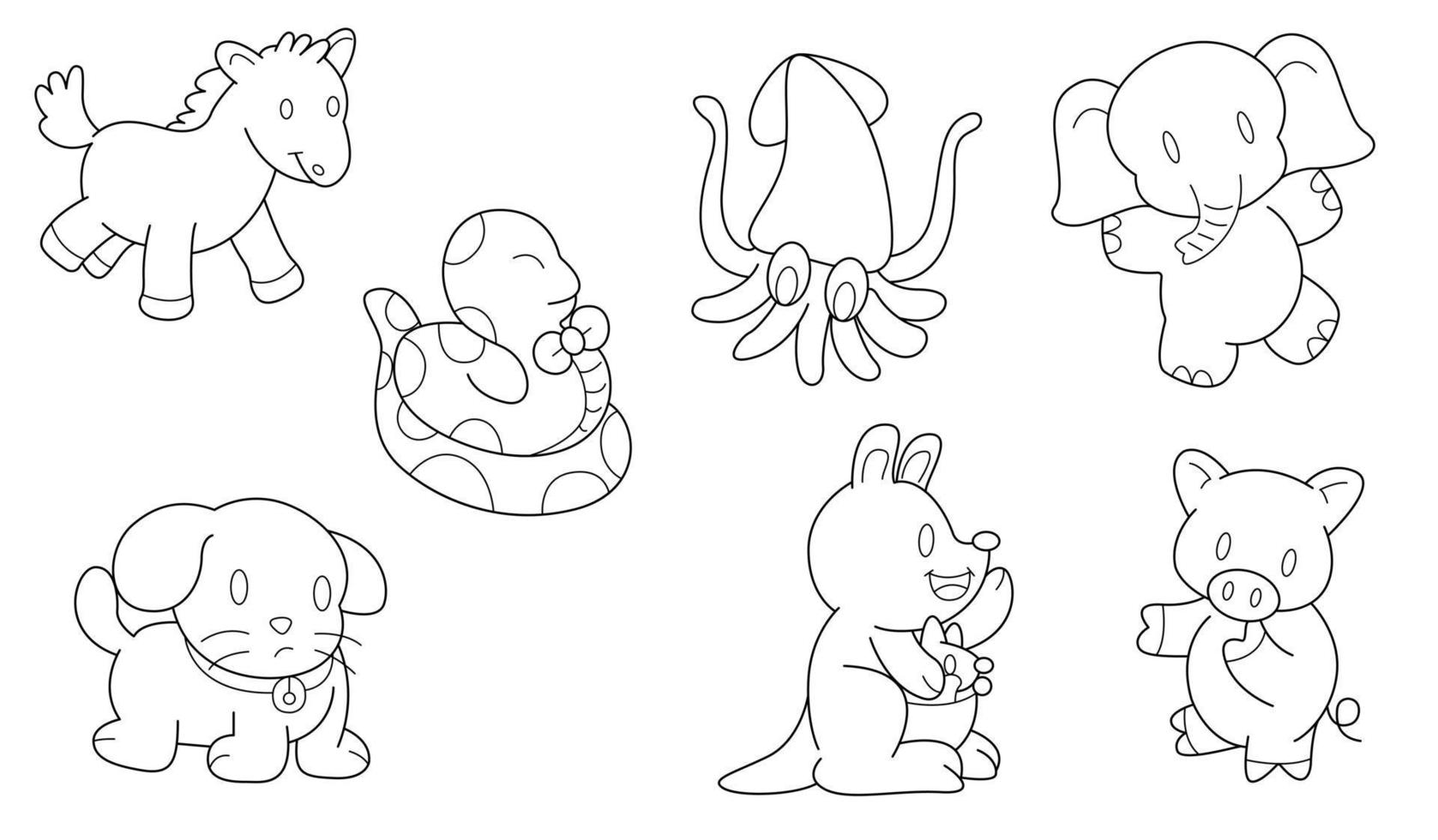 Cute design animal outline vector set 31  , horse dog snake kangaroo squid elephant pig