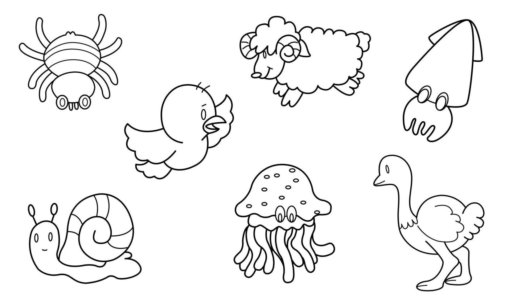 Cute design animal outline vector set 15 , spider snail bird sheep jellyfish ostrich squid