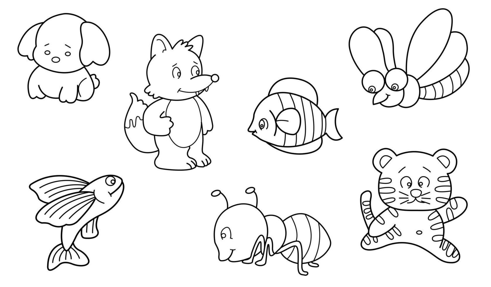 Cute design animal outline vector set 14 , dog flying-fish ant fish dragonfly tiger fox