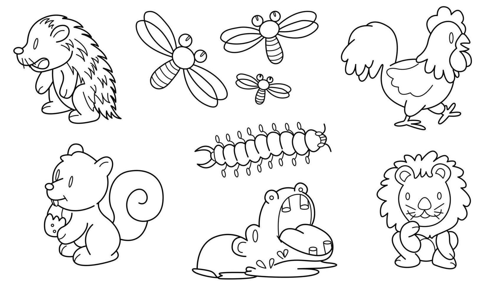 Cute design animal outline vector set 21 , porcupine dragonfly chicken squirrel centipede lion hippopotamus