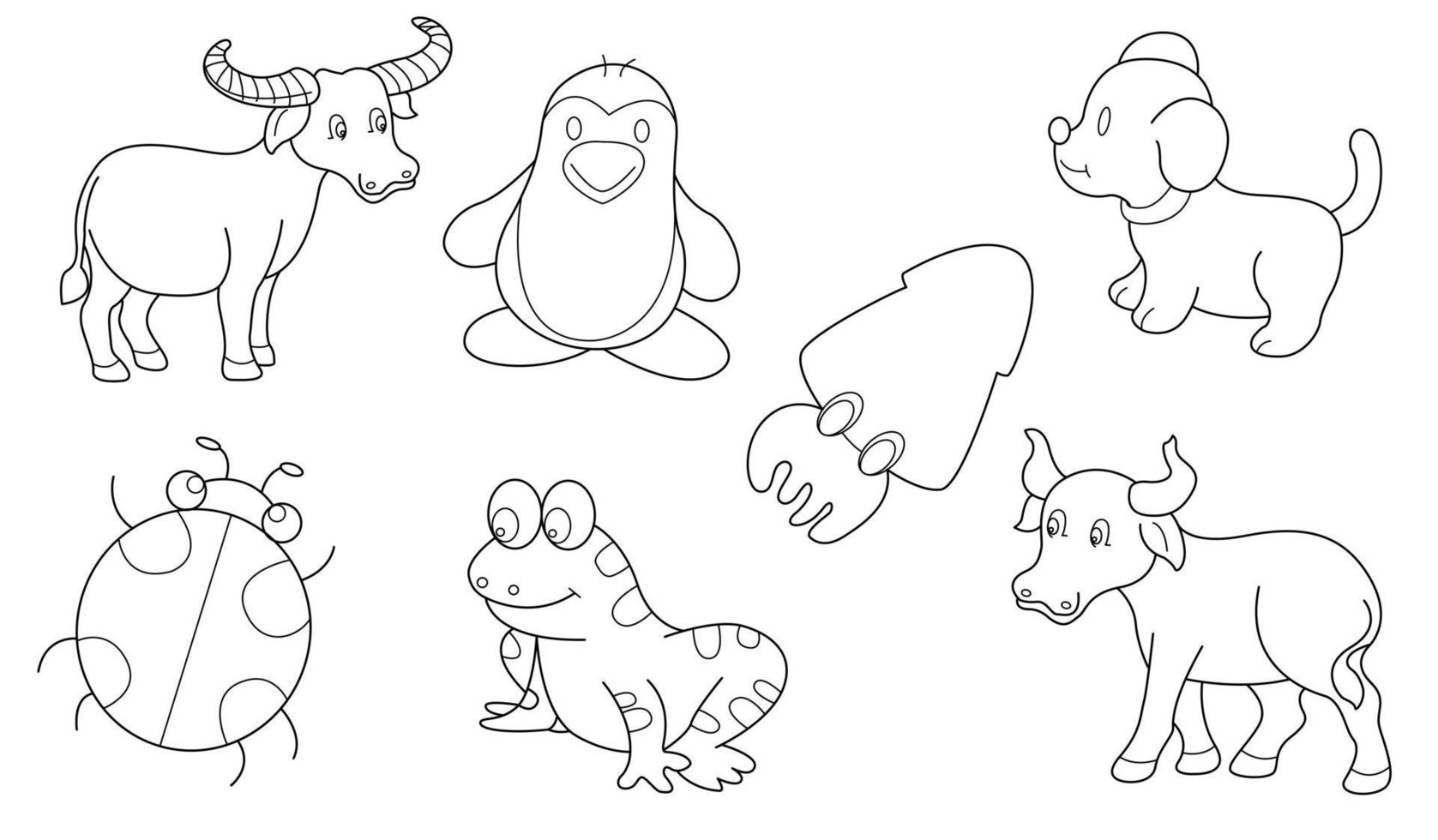 Cute design animal outline vector set 10 , buffalo frog squid dog penguin ladybug