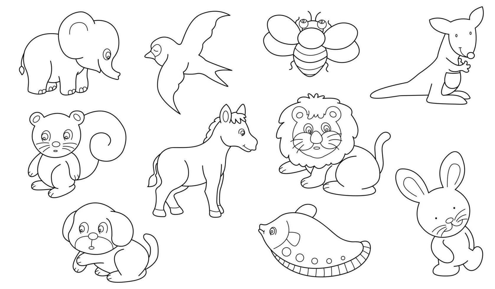 Cute design animal outline vector set 7 , elephant  seagull squirrel dog horse lion fish rabbit kangaroo cicada