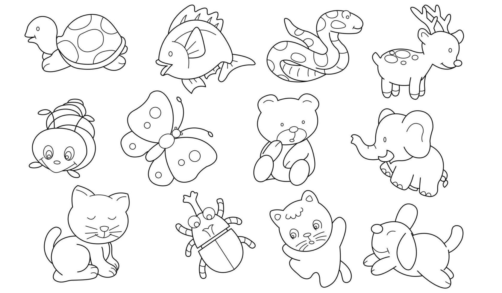 Cute design animal outline vector set 3 , turtle fish snake dear ant butterfly bear elephant cat dog beetle