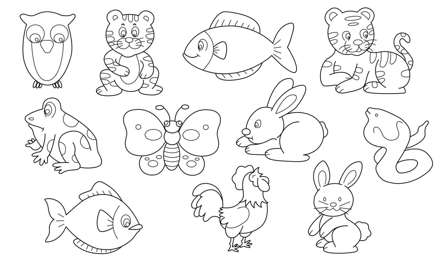 Cute design animal outline vector set 4 , owl tiger fish frog rabbit snake chicken