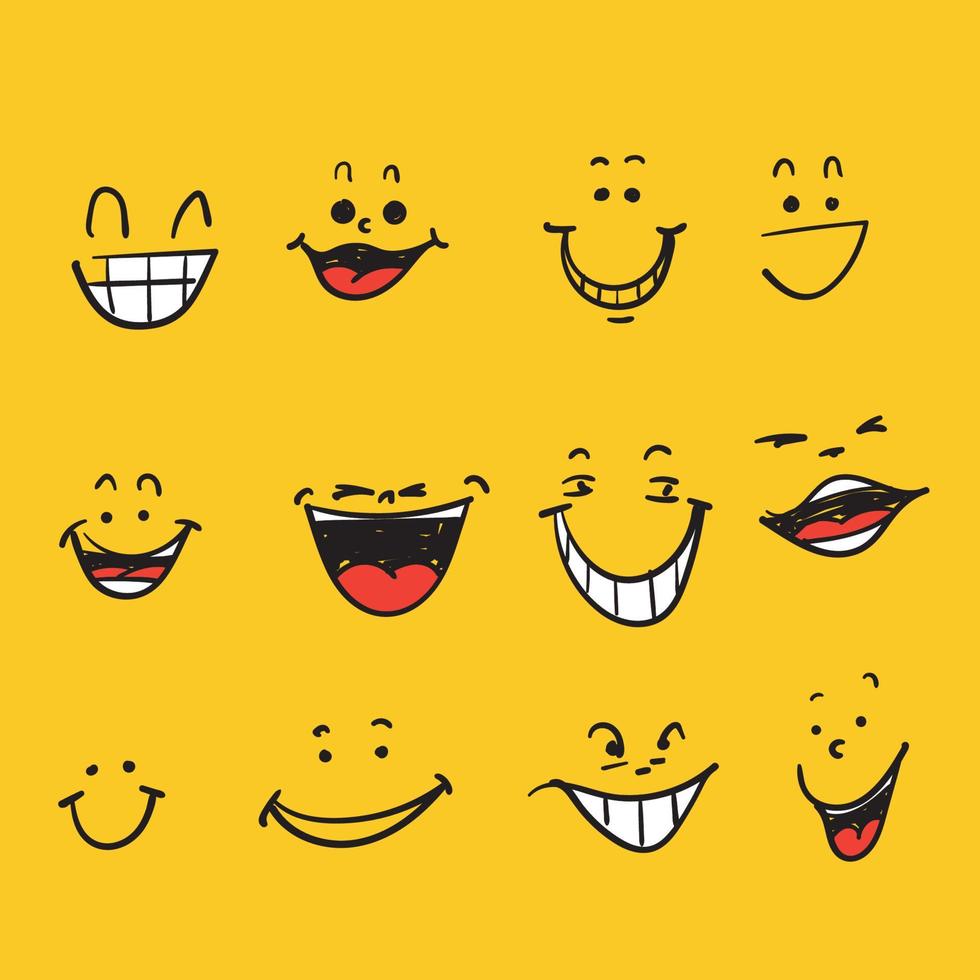 hand drawn doodle smile and laugh emoticon icon illustration vector