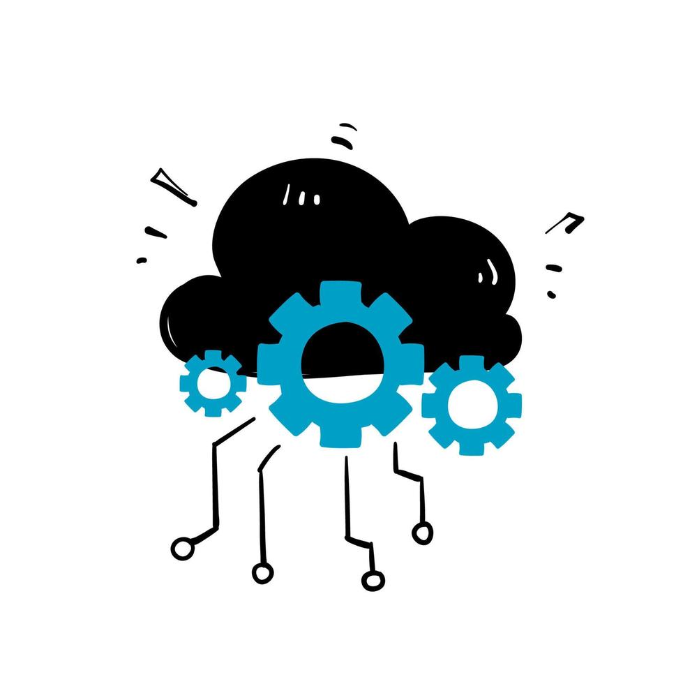 hand drawn doodle cloud gear circuit illustration vector isolated