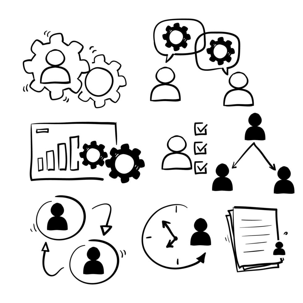 hand drawn doodle Human resources related line icon set. Recruitment, office management and company structure in doodle style vector