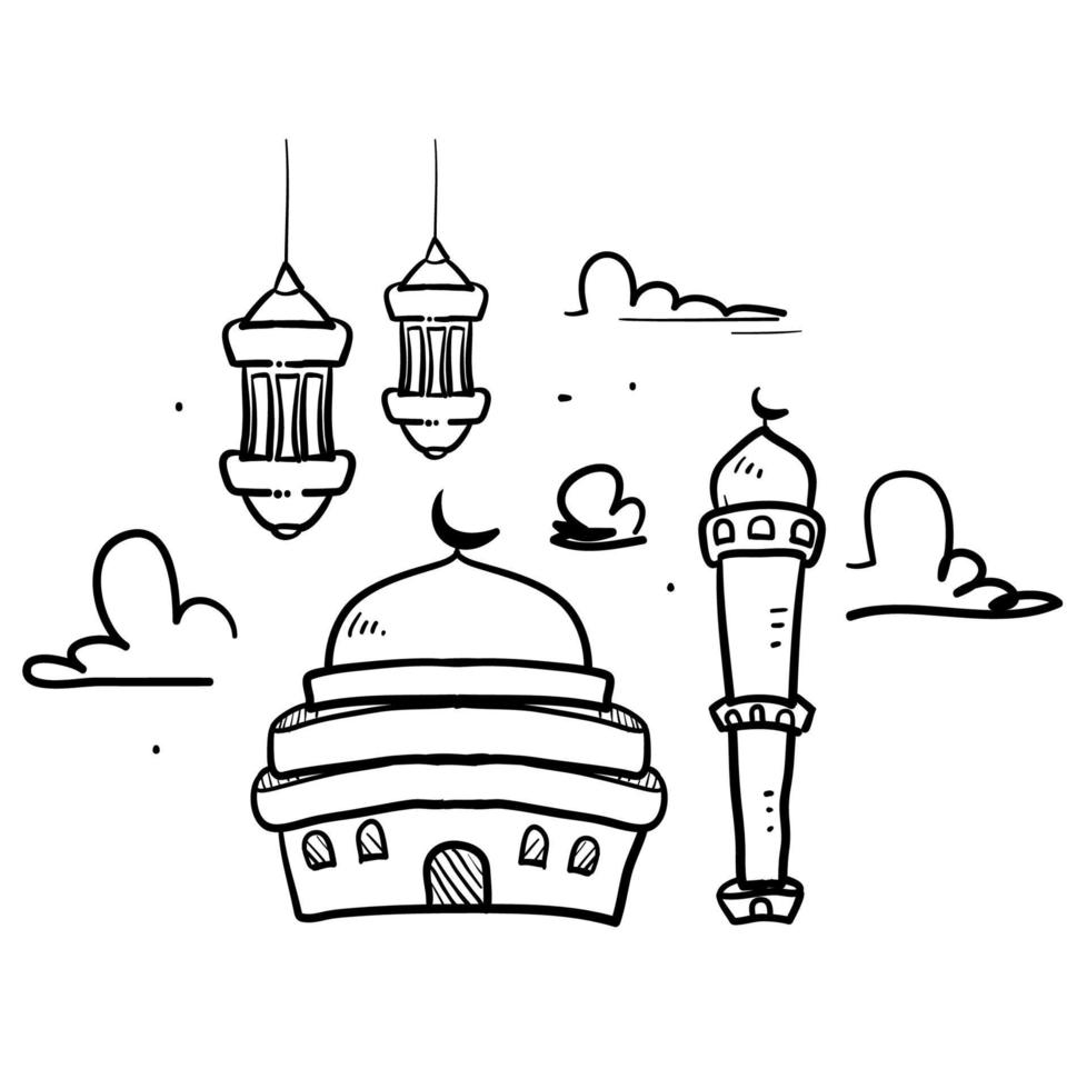 dibujado a mano doodle mezquita y símbolo de linterna árabe ramadhan kareem mes sagrado islámico ilustración vector