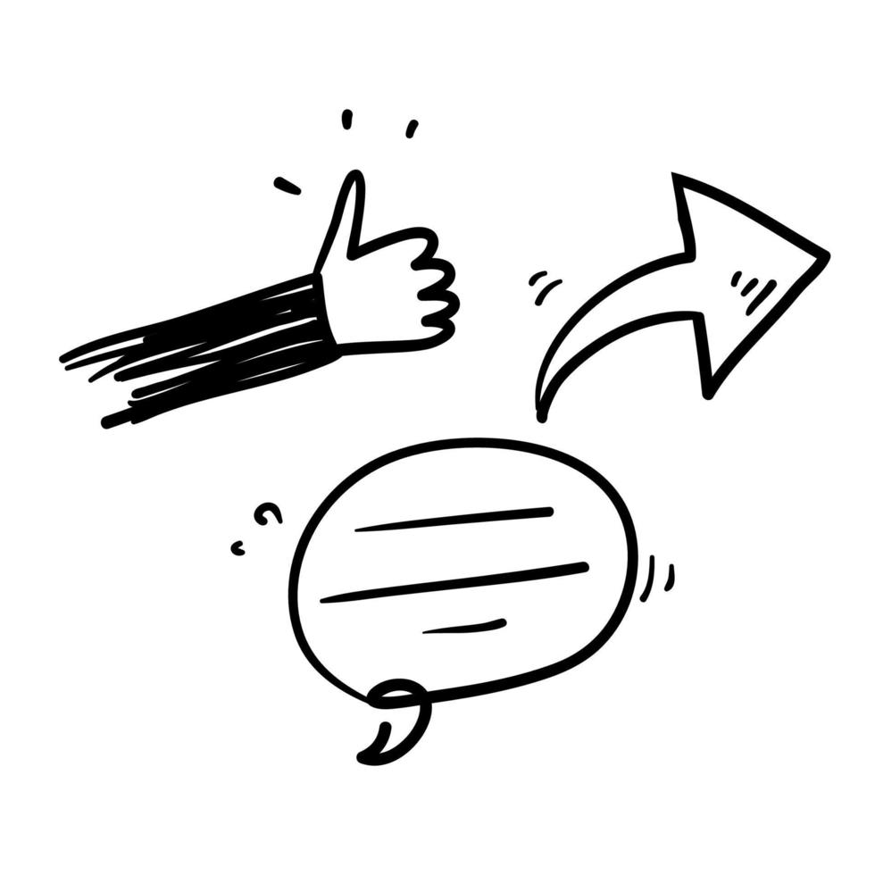 garabato dibujado a mano flecha hacia arriba y símbolo de voz de burbuja para compartir y comentar ilustración vector