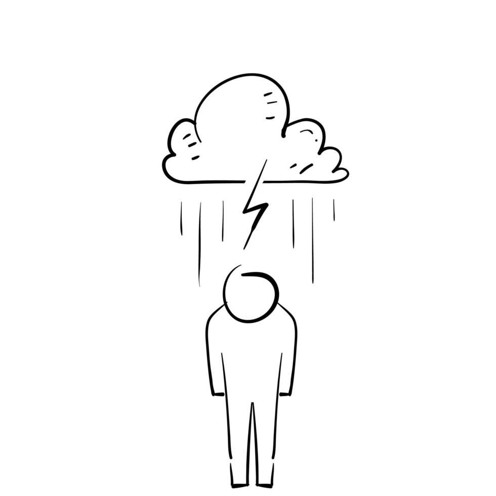 dibujado a mano doodle personas depresión bajo ilustración de nube de lluvia vector