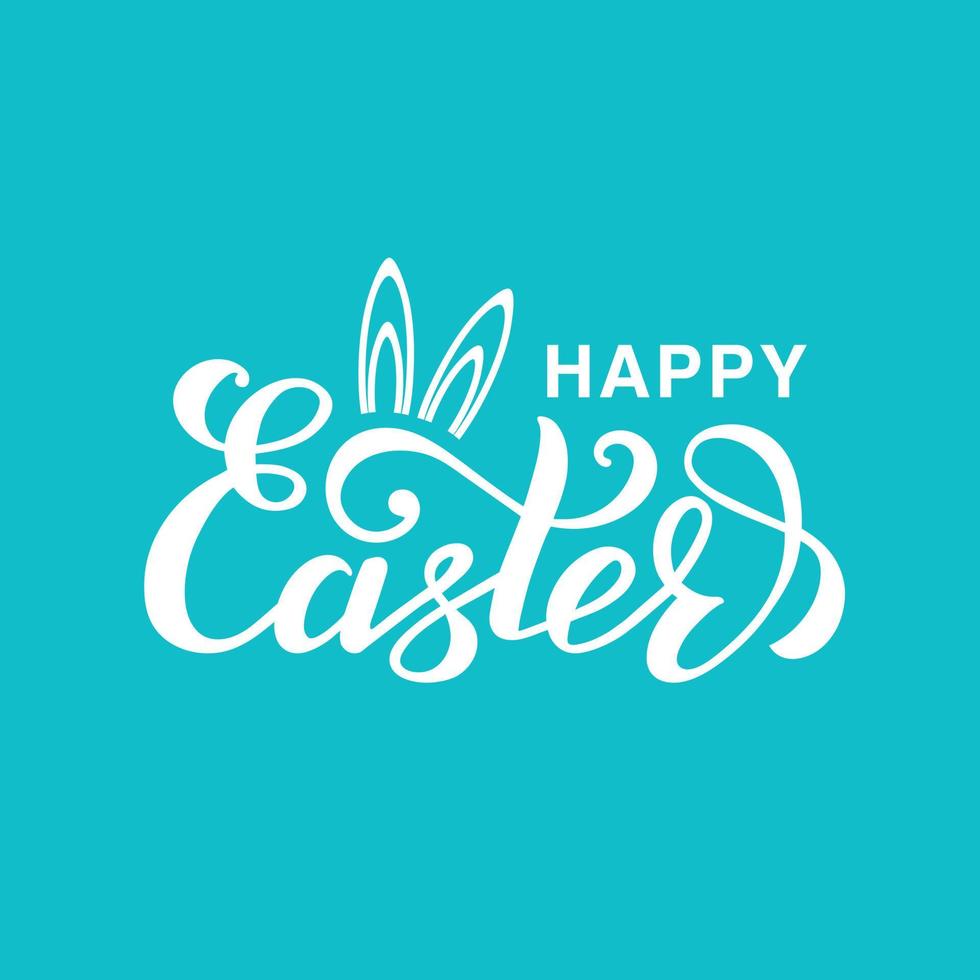 Happy Easter lettering with bunny ears on blue background. vector