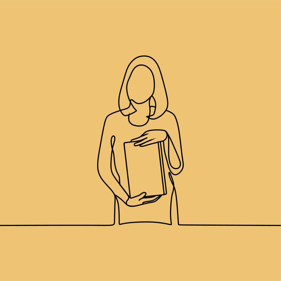 continuous line drawing people with book vector