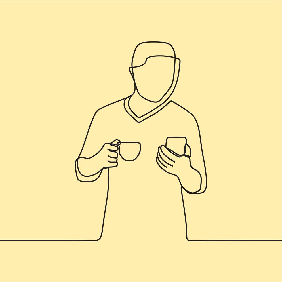 continuous line drawing people with cup vector
