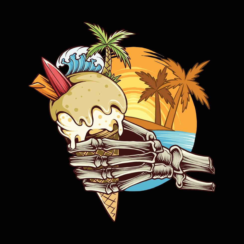 Skull Bone Hands Holding Ice Cream Cone Surfing on the beach vector