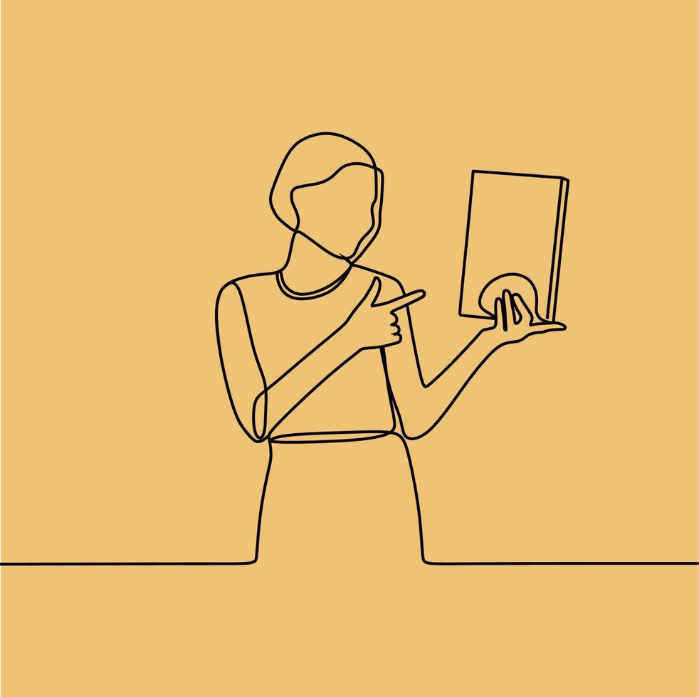 continuous line drawing people with book vector