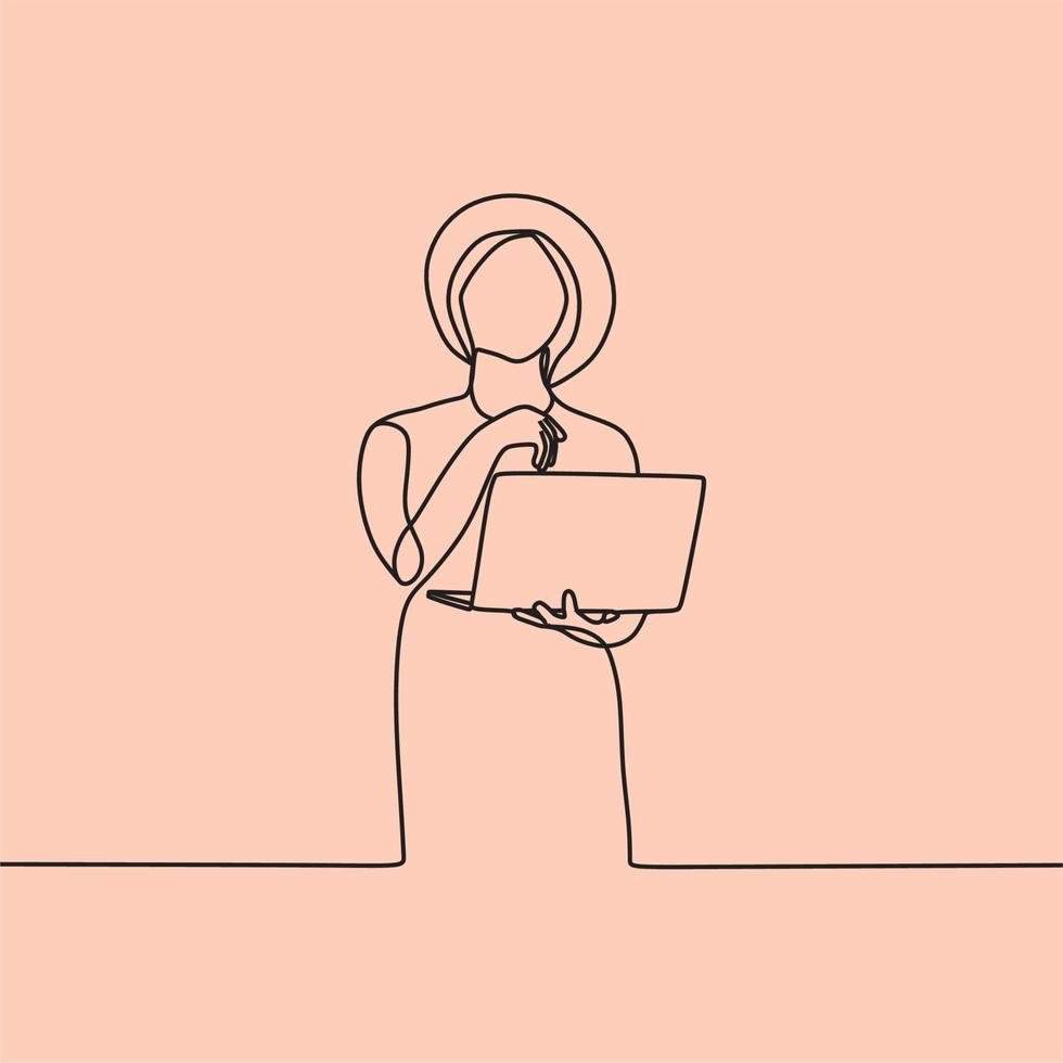 continuous line drawing people with laptop vector