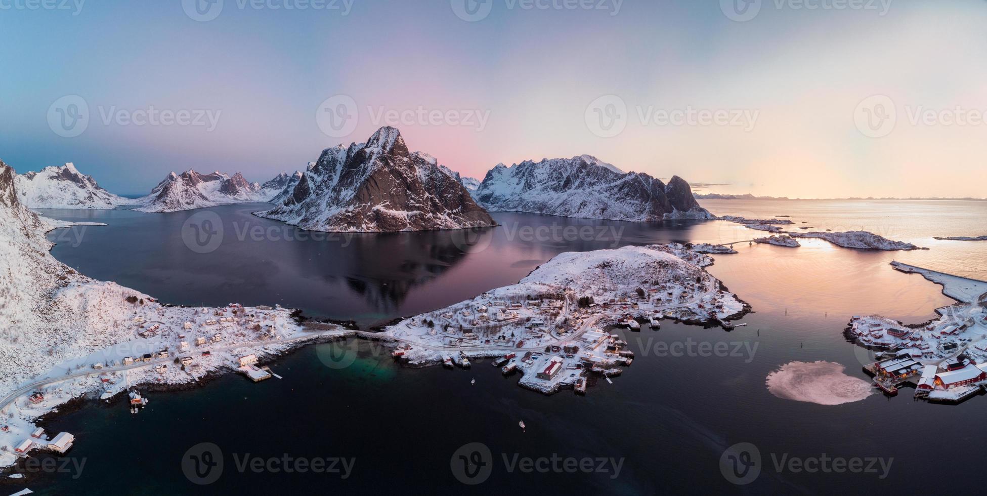 Panorama aerial view of scandinavian archipelago with mountain range on arctic ocean photo