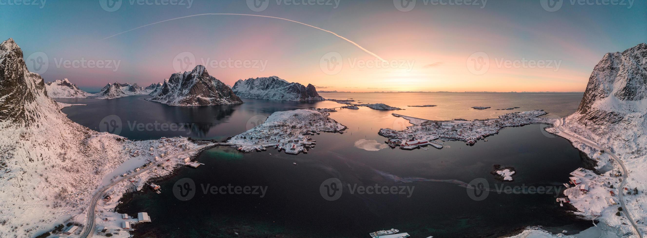 Panorama aerial view of scandinavian archipelago with mountain range on arctic ocean photo