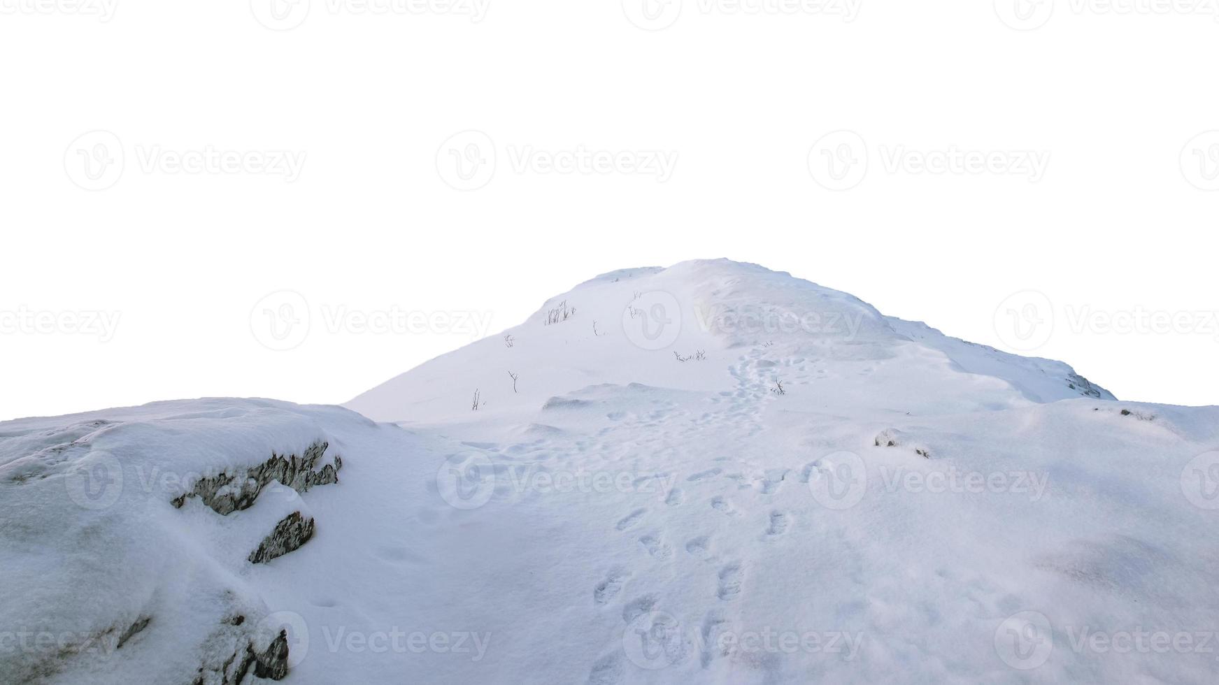 Snowy hill landscape with footprint on background photo