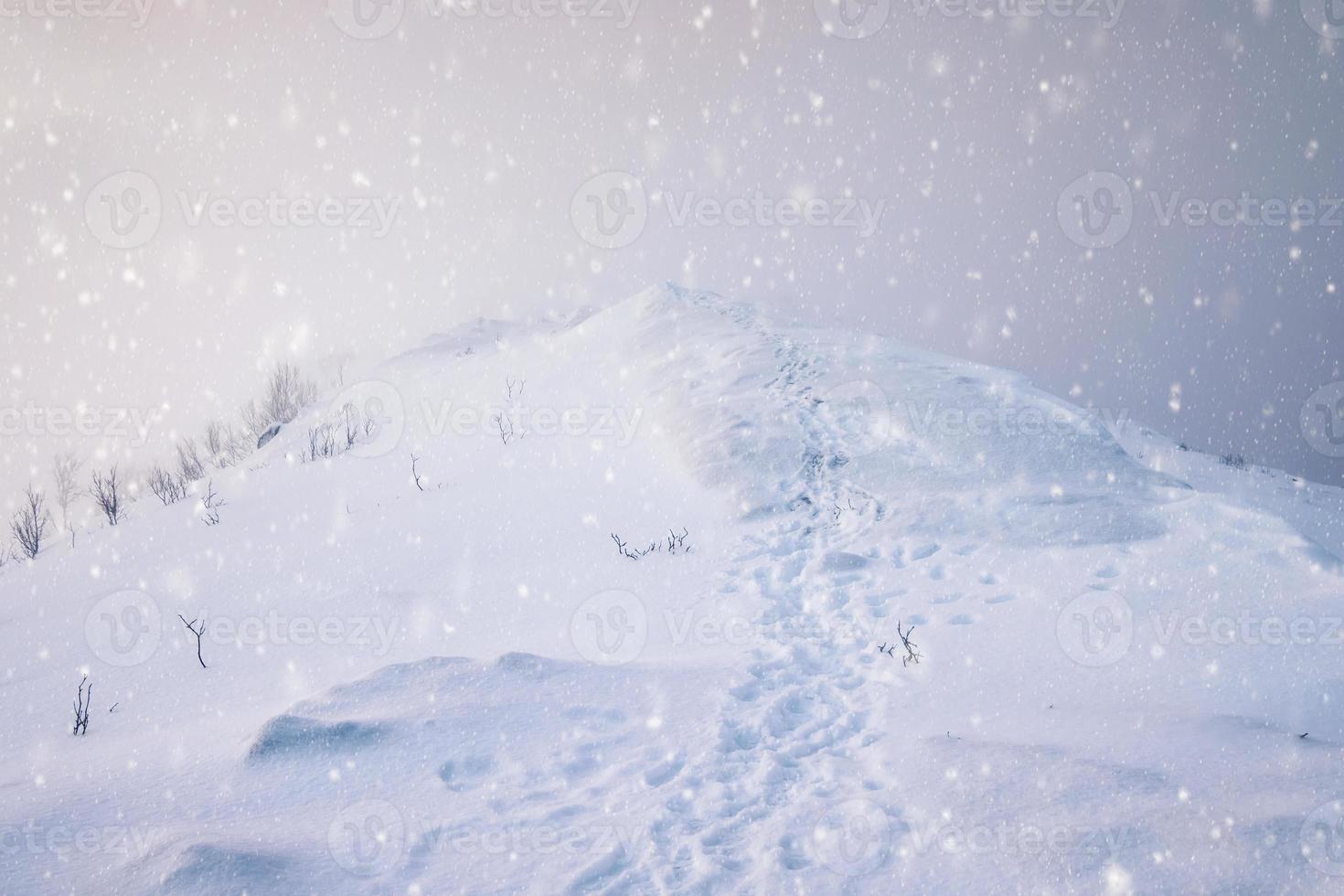 Snowy mountain peak with footprints photo